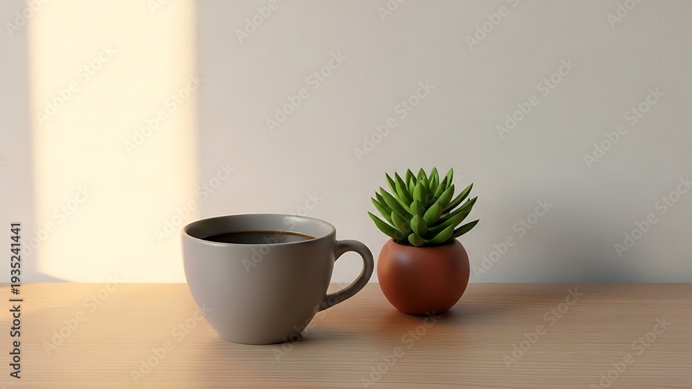 Fototapeta premium A serene cup and small potted plant on a wooden surface captured from a calm morning viewpoint.