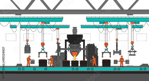 Flat vector illustration of a heavy industrial steel foundry with workers, molten metal, overhead cranes, and smelting machinery equipment.