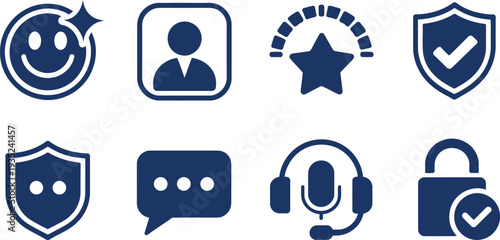 Collection of 8 Dark Blue Smiley, User, Star, Shield, Chat, Headset, Lock