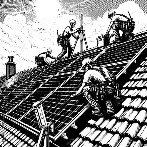 Team of workers installing solar panels on industrial roof for renewable energy project
