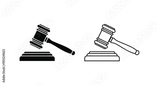 Two gavel icons one solid black one white outline on a white background