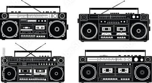 Retro Boombox Silhouette Vector Set Featuring Vintage Portable Cassette Players and Old School Radio Stereo Systems for Eighties Nostalgia Hip Hop Street Culture Design
