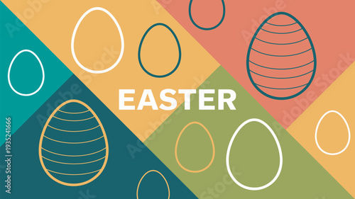A colorful Easter graphic with eggs and geometric shapes in a festive arrangement
