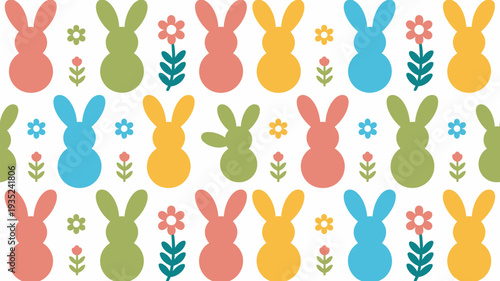 A colorful Easter-themed pattern featuring cartoon bunnies and flowers on a white background