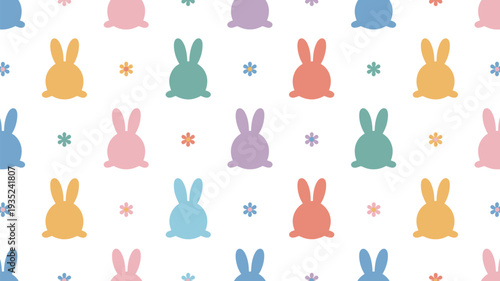 A colorful pattern of cartoon bunnies and flowers on a white background