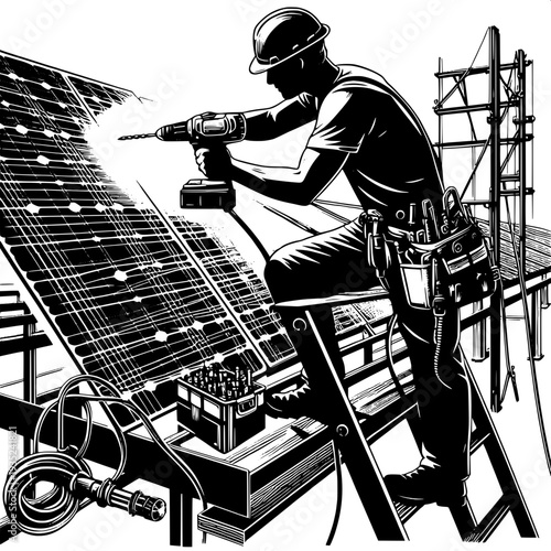 Construction worker drilling solar panels on rooftop with tools and safety gear