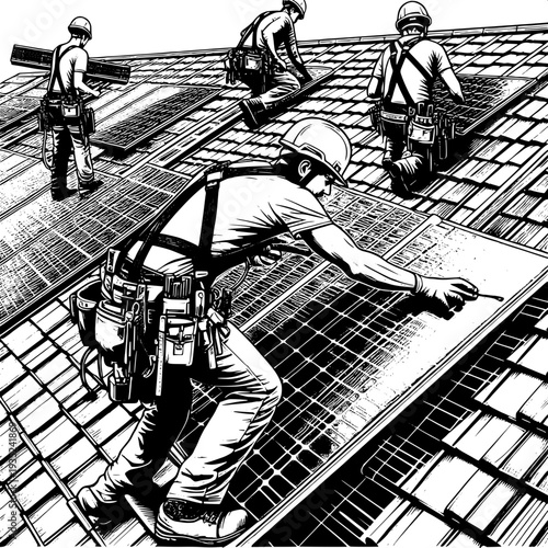 Team of workers installing solar panels on industrial roof for renewable energy project