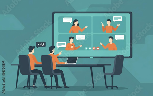 Colleagues collaborating remotely through video conferencing on large screen display