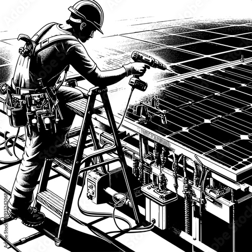 Construction worker drilling solar panels on rooftop with tools and safety gear