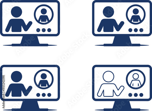 Four computer screens displaying calls with people
