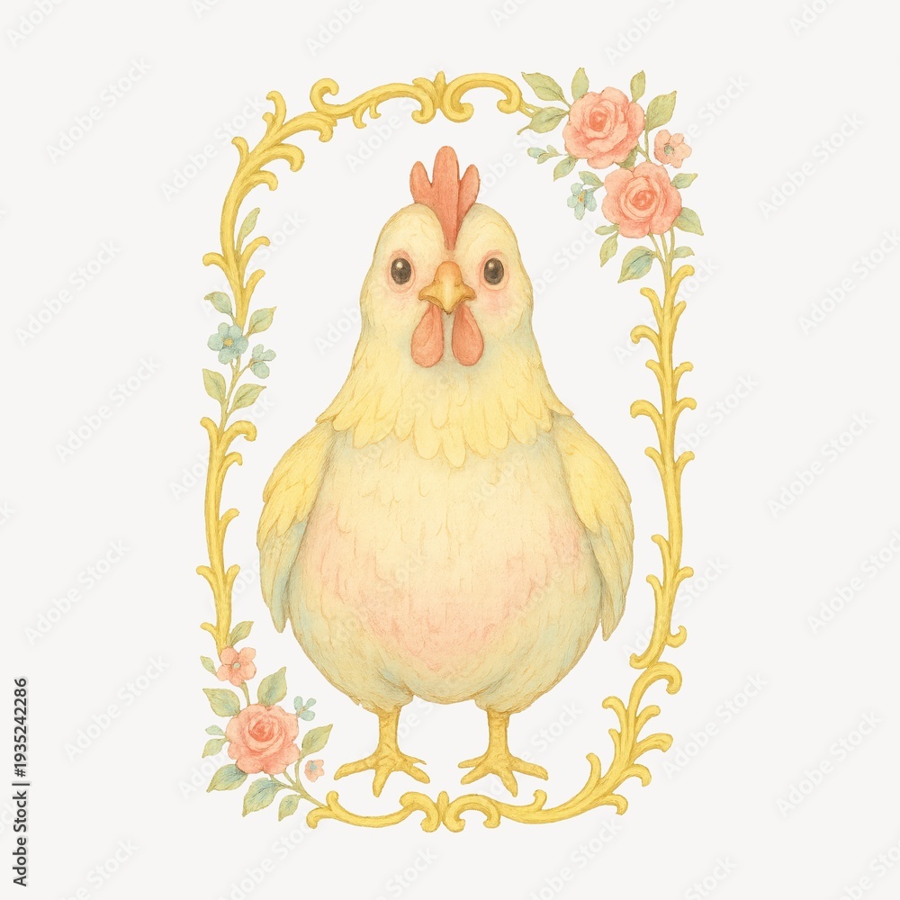 Fototapeta premium Vintage chicken illustration with flowers.