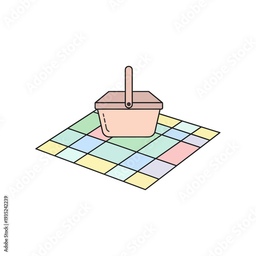 flat illustration single icon of outdoor picnic blanket with basket