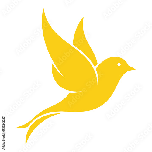Yellow bird flying with outstretched wings in mid air motion icon