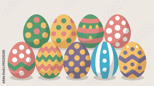 A colorful illustration of decorated Easter eggs in various patterns and hues on a plain background