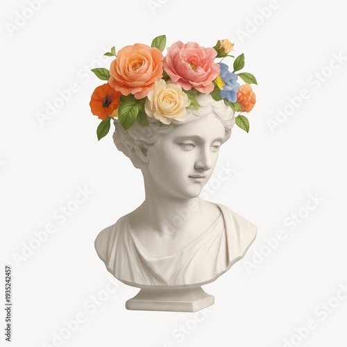 Classical bust adorned with flowers.