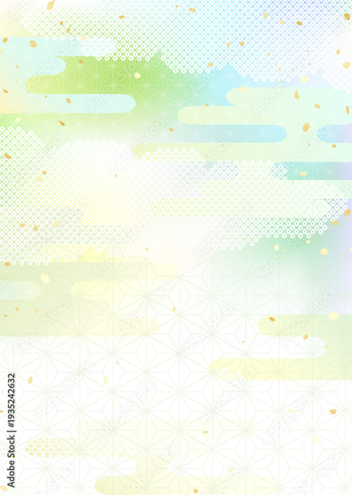 Naklejka premium 新緑風グラデーションと日本の伝統的な模様を組み合わせた和風背景イラスト