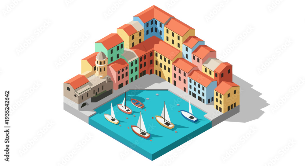 Fototapeta premium Colorful isometric illustration of a Mediterranean village harbor with docked sailboats, capturing a peaceful, clean, and modern architectural vibe for travel or tourism related content.