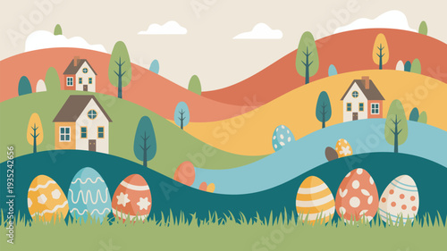 A colorful Easter scene with decorated eggs and houses on rolling hills