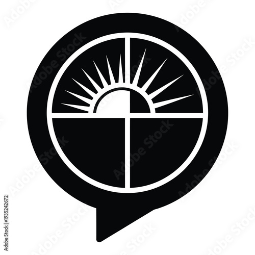 Black and white icon of sun rising behind circle with speech bubble  symbol icon