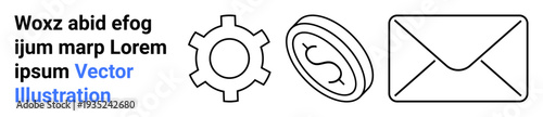Gear, coin, and envelope outlines symbolize teamwork, wealth, and messaging tools. Ideal for business, communication, finance, productivity teamwork concepts workflow designs simple landing page