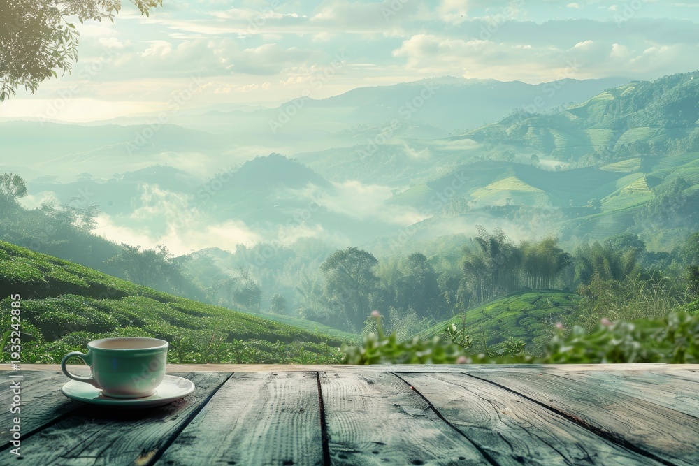 Fototapeta premium Cup of tea on a wooden table with a stunning mountain view in the background