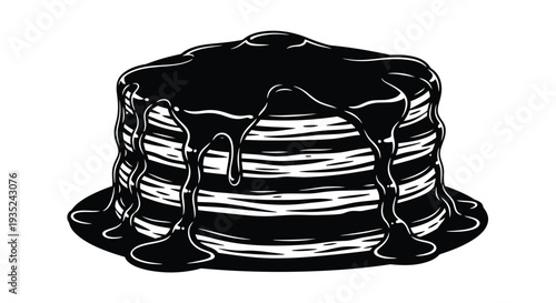 A black and white illustration of a stack of pancakes with dripping syrup