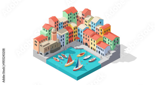 Isometric illustration shows a vibrant village harbor with colorful buildings, boats in the water, and a charming, stylized atmosphere perfect for travel or architectural concepts.
