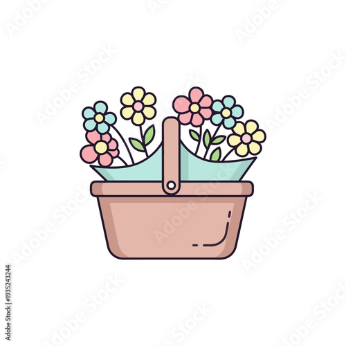 semi-flat vector icon of picnic basket with flowers
