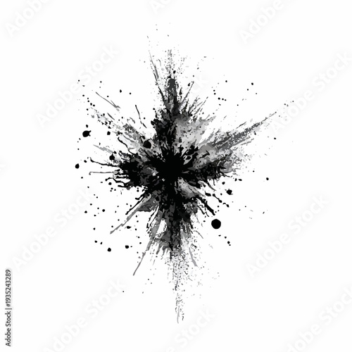 Abstract Black Ink Splatter Explosion on White Background.