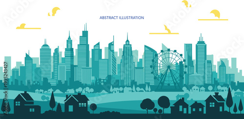 Abstract urban city skyline illustration with skyscrapers, ferris wheel, residential houses, and suburbs in a teal monochrome style.