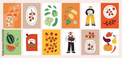 Seasonal vegetables and fruits posters in simple doodle style. Farmers with production. Local market, modern sketch, scribble illustration. Season of harvest, summer or autumn concept. Postcard.