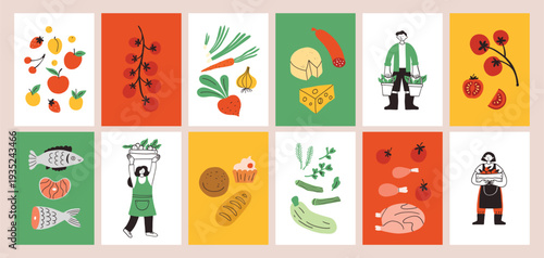 Seasonal fruits and vegetables, fish and chicken, bread, cheese posters in simple doodle style. Farmers with production. Local market, modern scribble illustration. Season harvest concept. Poster.