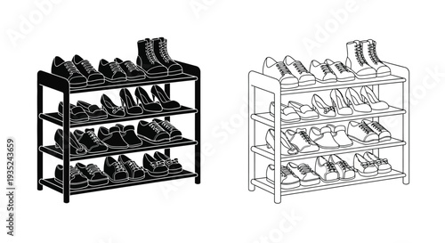 Black and white illustration of two shoe racks filled with footwear