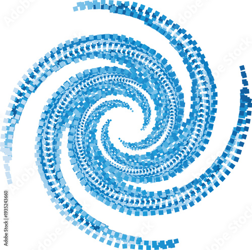 Abstract spiral design composed of varying shades of blue squares