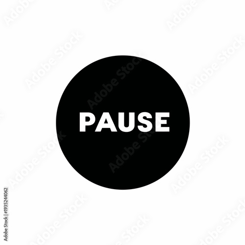 Black circle with the word pause in white text.