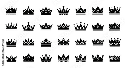 Minimalist flat vector illustration set of crown icons arranged in a neat grid layout.