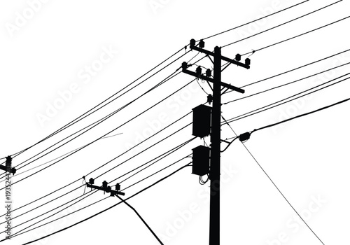 Silhouette utility pole with transformers, electrical components, power lines, perched birds, energy distribution system, urban infrastructure, electricity grid, overhead wires illustration