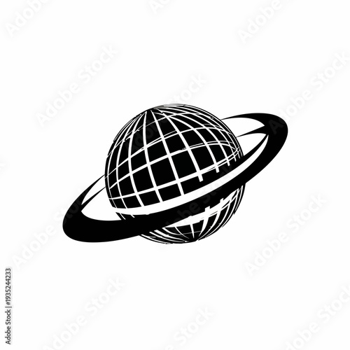 Black and White Globe with Ring Illustration.