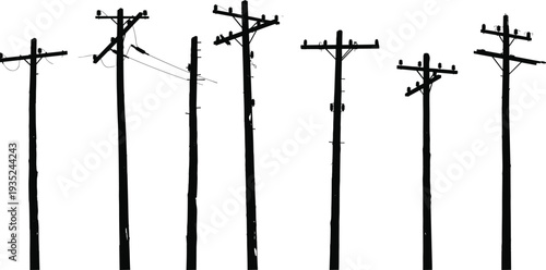 Silhouette utility poles collection, electrical infrastructure design icons, power line illustration set, communication structure, black design concept, engineering construction elements