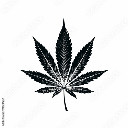Black and white illustration of a cannabis leaf.