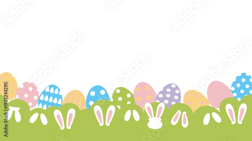 A colorful Easter scene with cartoon bunny ears and decorated eggs in a grassy field