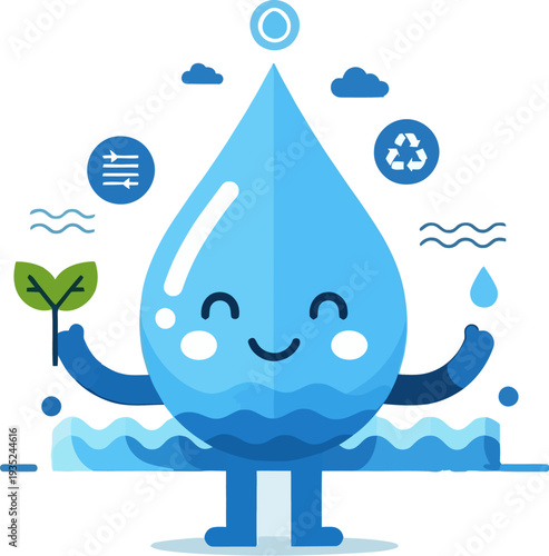 Cute anthropomorphic water drop character celebrating World Water Day with sustainability elements
