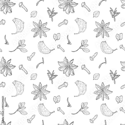Garlic clove, star anise, dry cloves, oregano. Monochrome botanical seamless pattern drawing of fragrant herbs and spices. Graphic ink vector. Good for decoration of cooking, menu, decor, stickers