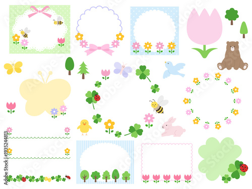かわいい春のフレームのベクターイラストセット。花、クローバー、ちょうちょ、テントウムシ