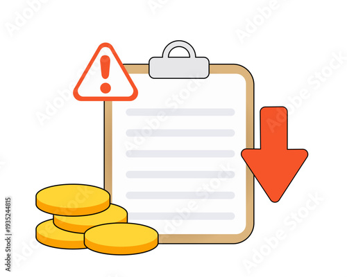 Invoice Warning Clipboard Icon — Expense Decrease And Payment Decline Vector Illustration