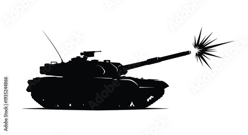 Silhouette of a tank firing its main gun with explosive impact
