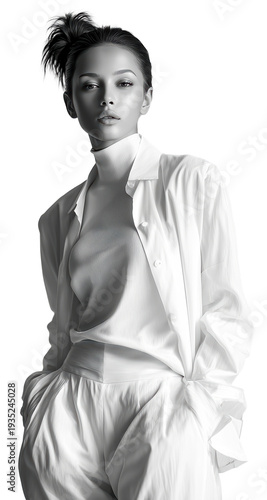 Elegant fashion model minimal style monochrome outfit white clothing turtleneck top loose shirt high waist pants clean aesthetic soft lighting studio portrait with poised confidence, isolated