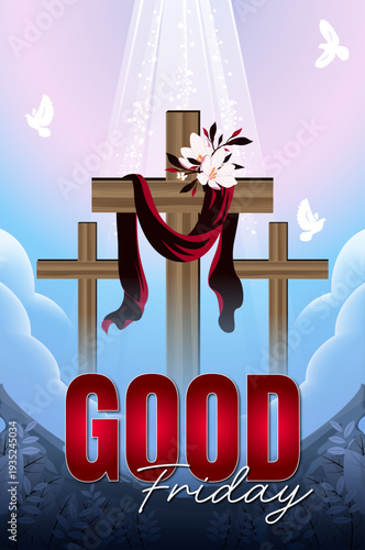 Good Friday Illustration with Cross Draped in Red Cloth, Heavenly Light and Flying Doves