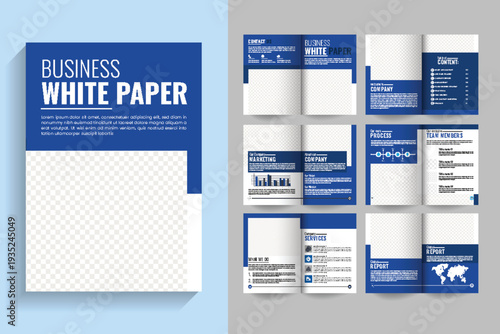 12 page Modern White Paper Template for Business Reports, blue color Company product catalog design.