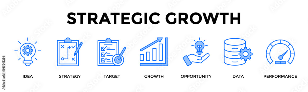 Obraz premium Strategic Growth Icon Set Collection Pack Banner Web Vector Illustration Concept Containing Drive Scalable Growth Through Strategic And Measurable Execution
